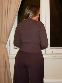 Maria Perezxox 女士高领紧身长袖毛衣，咖啡棕色，秋冬款 - 咖啡棕 - 查看 2