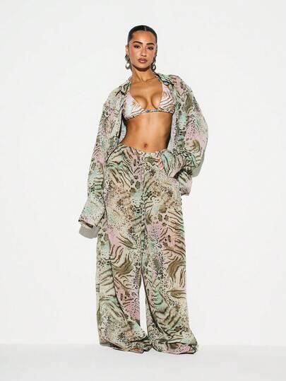 KIZN 女士混色动物纹阔腿沙滩罩裤，松紧腰带，夏季度假休闲装