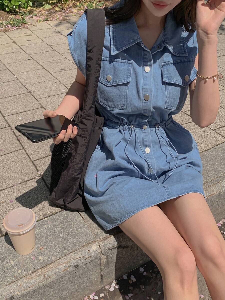 DAZY 女士休闲抽绳腰牛仔连衣裙，夏季 - 藍色 - 查看 1