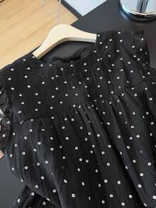 GlowEve CURVE Plus Size Women's Cute French Elegant Round Neck Polka Dot Black & White Ditsy Floral Backless Bow Tie Flutter Sleeves Summer Everyday Blouse - Black - View 4