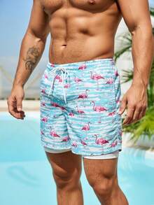 Manfinity Swimmode Men's Casual Flamingo Print Beach Shorts Pool Party Mens Swimwear Men Swim Trunks Flamingo Print Turquoise Swim Trunks - Baby Blue - View 5