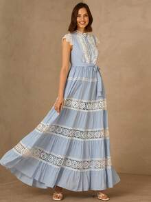 Enchnt Spring/Summer Romantic Women's Blue Sleeveless Stand Collar Lace Trim Maxi Dress,Sweet&Elegant For Vacation&Date&Holiday&Going Out&Valentine's Day,Spring Outfit Women - Blue - View 2