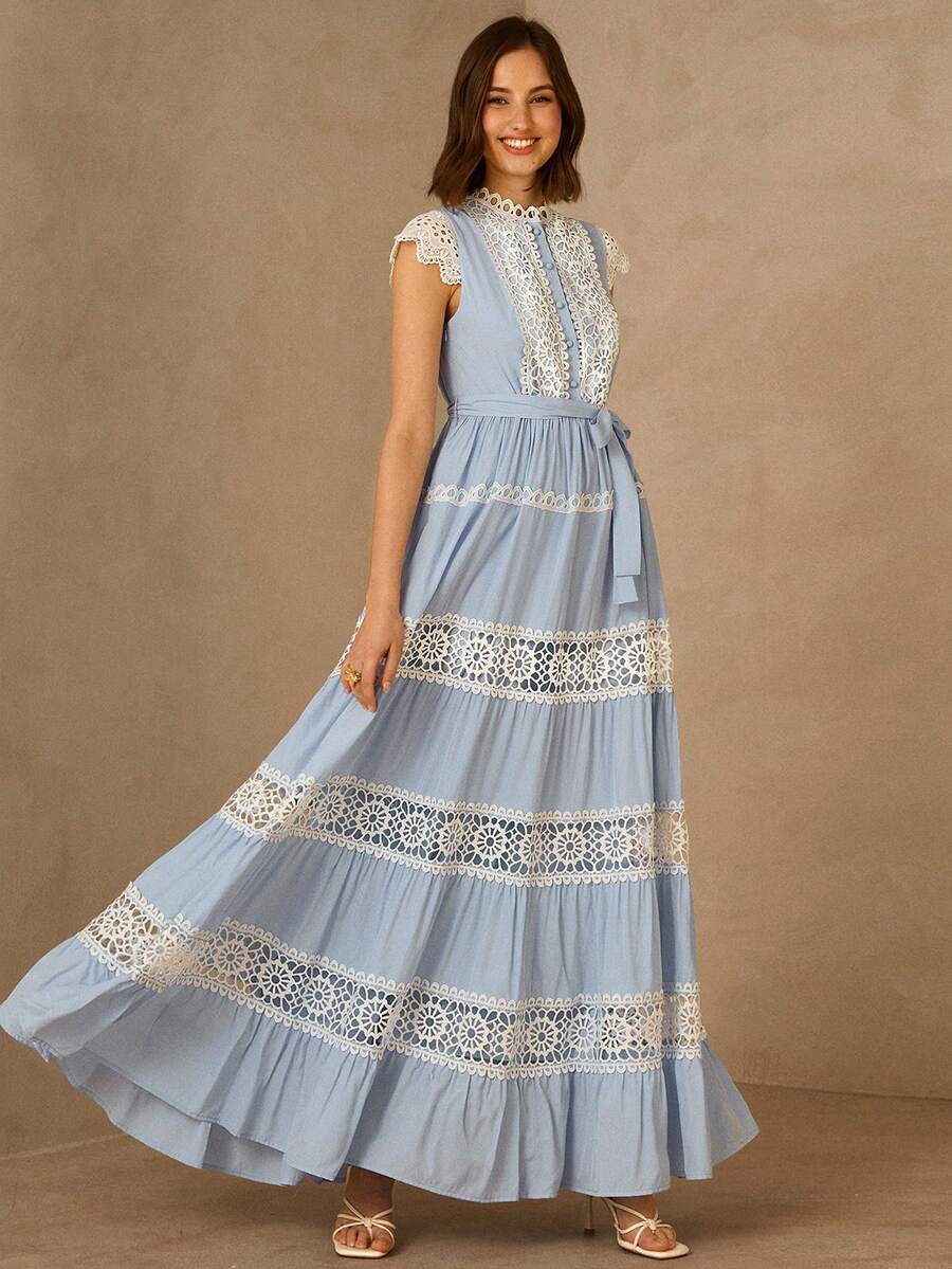 Enchnt Spring/Summer Romantic Women's Blue Sleeveless Stand Collar Lace Trim Maxi Dress,Sweet&Elegant For Vacation&Date&Holiday&Going Out&Valentine's Day,Spring Outfit Women