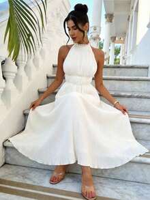 Firerie Vestido midi blanco con espalda descubierta y plisado sexy para vacaciones, sin mangas para el verano - Blanco - Ver 6