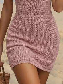 SHEIN Unity Textured Halter Backless Fitted Mini Sweater Dress For Women - Dusty Pink - View 5