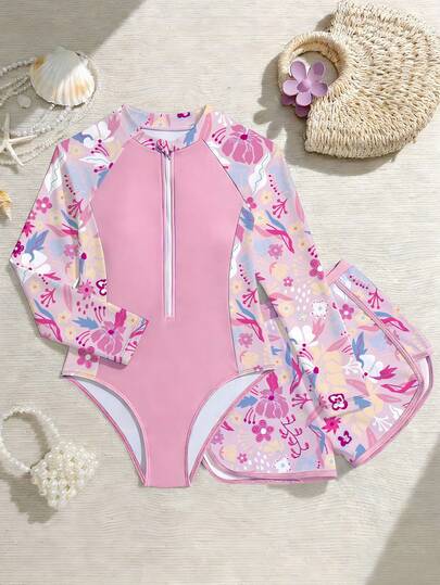 SHEIN New Fashion Tween Girl Swimwear Set, Long Sleeve One-Piece Swimwear With Swim Shorts, Leaf & Floral Print