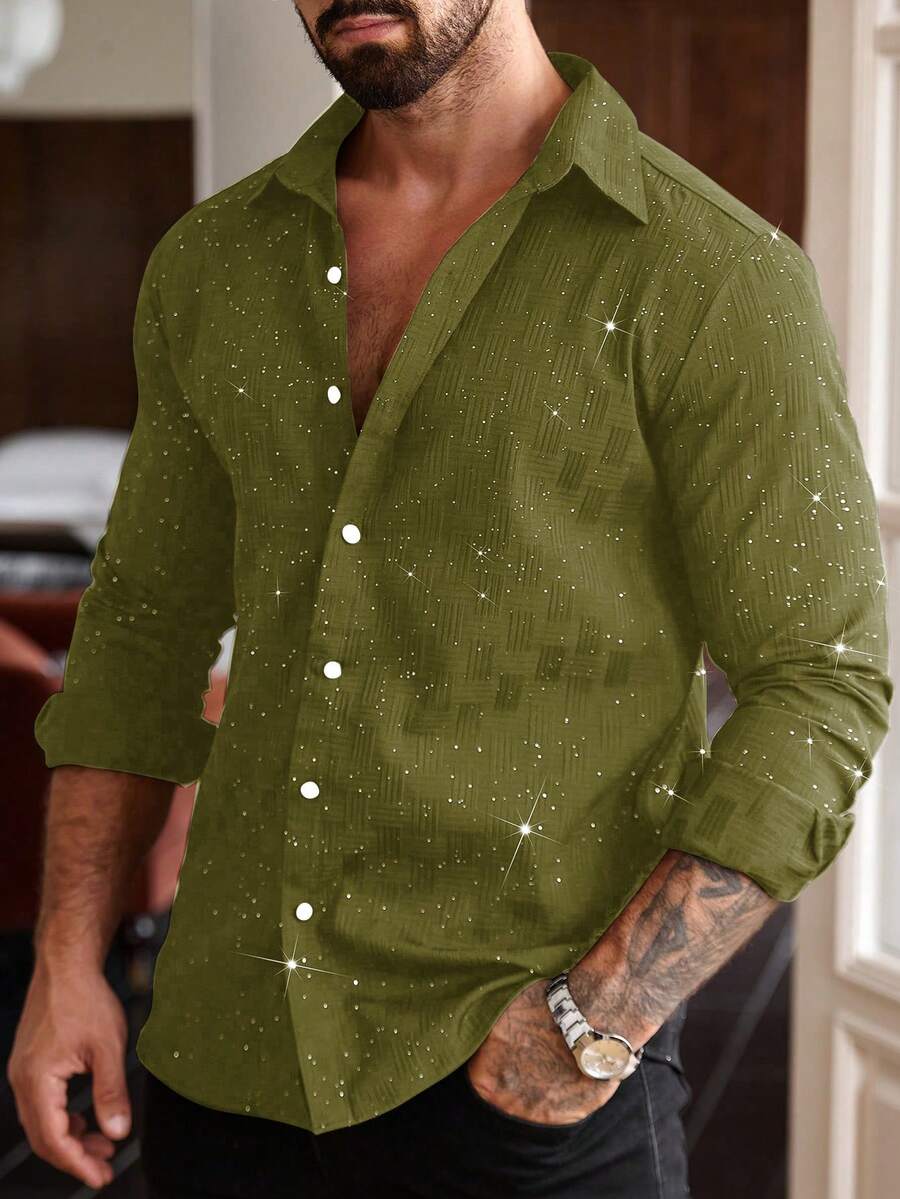Manfinity AFTRDRK Men's Solid Color Front Button Casual Long Sleeve Shirt - Army Green - View 1