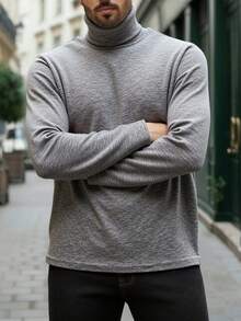 Manfinity Homme 夏季男士高领衫，2026春夏男士浅灰色高领上衣，修身轻薄针织打底衫，适合办公室和约会穿着，男士高领长袖T恤，纯色休闲修身套头衫，冬季保暖针织衫，男士保暖高领长袖套头衫，修身休闲打底衫 - 灰色 - 查看 3