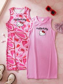 HELLO KITTY AND FRIENDS | SHEIN 少女卡通印花无袖连衣裙，夏季时尚 - 粉色 - 查看 2