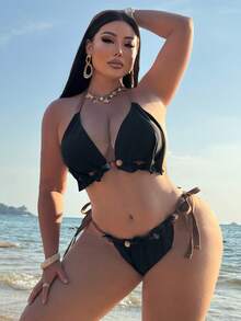 Swim SXY Plus Size Women's Sexy Bikini Set, Black Color With Pearl Beads And Ruffle Trim, Halter Neck Adjustable Tie, Suitable For Beach, Party And Vacation Bikinis Set For Women Bikinu Bikini Swimsuit Set Women's Swimsuit 2 Pieces Bathing Suit For Women Set - Black - View 4