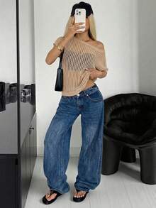 SHEIN EZwear 女士夏季休闲沙滩度假纯色不对称领蝙蝠袖半透明针织上衣 - 駝色 - 查看 5