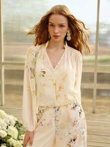 MOTF PREMIUM Áo kiểu nữ tay dài dáng rộng lãng mạn, in hoa và đính đá, thích hợp cho mùa xuân/hè. - Màu be - Xem 4