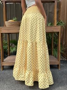Sunnyshic 黄色波点印花腰带A字荷叶边长裙，适合春夏穿着，休闲百搭，适合度假、海滩、波西米亚风、通勤等场合，甜美可爱，休闲时尚。 - 黃色 - 查看 2