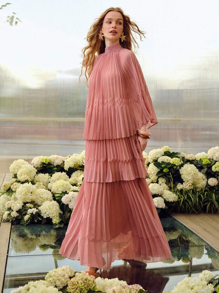 SPRING SUMMER ROMANTIC SOLID PLEATED MOCK NECK TIE BACK PLEATED TOP & SKIRT SET