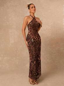 Lumalex Leopard Print Halter Tie Bodycon Ruched Metal Decor Dress For Women - Brown - View 6