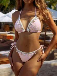 Swim Vcay 女士度假拼布编织肩带贝壳装饰纹理面料系带比基尼套装 - 粉色 - 查看 3