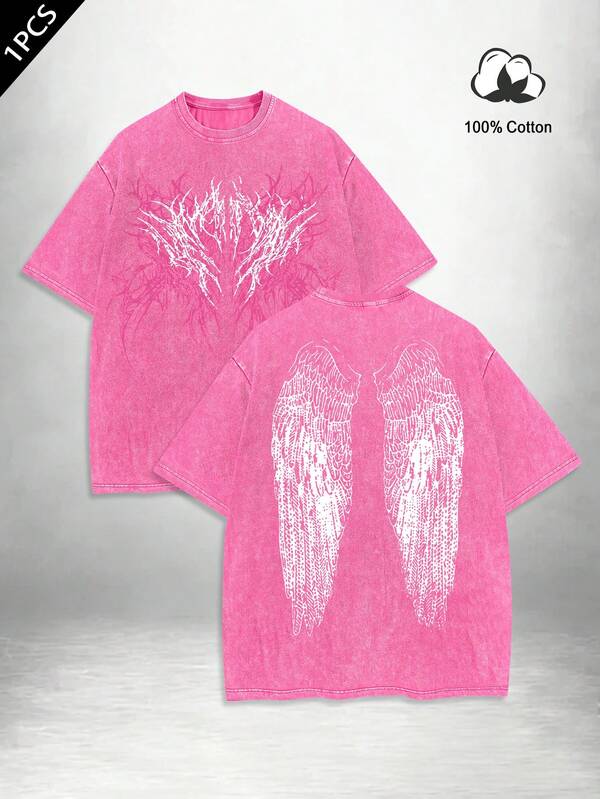 Manfinity EMRG 男士天使翅膀和骷髅图案印花街头风100%纯棉圆领短袖T恤