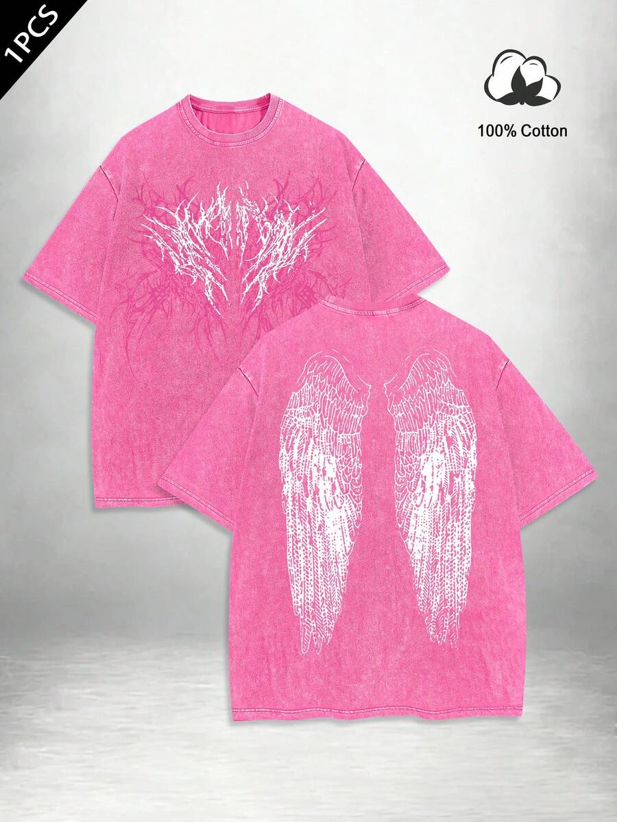 Manfinity EMRG 男士天使翅膀和骷髅图案印花街头风100%纯棉圆领短袖T恤 - 玫紅色 - 查看 1
