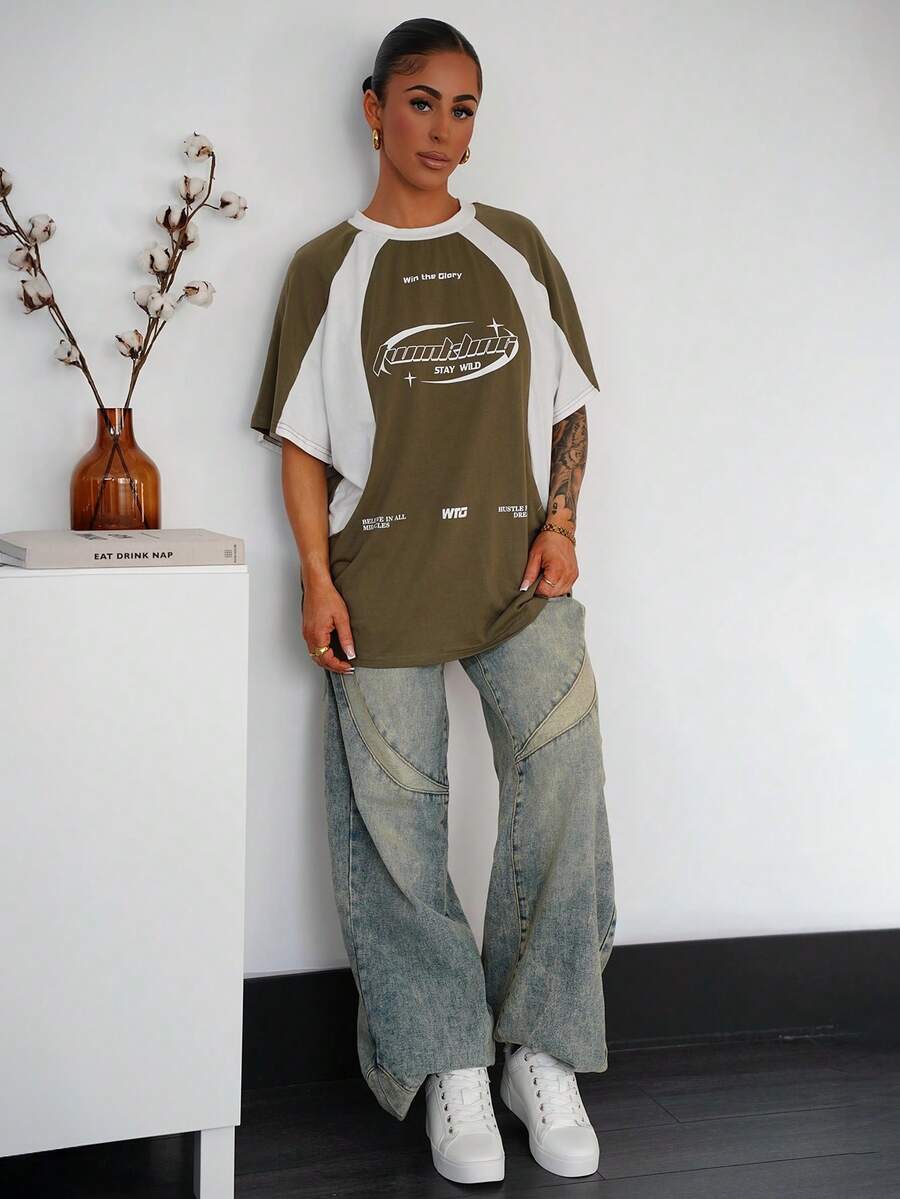 SAYEHFBABY Women's Summer Streetwear Oversized Racing Motorcycle Print Color Block Raglan Sleeve Green Jersey T-Shirt - Army Green - View 1