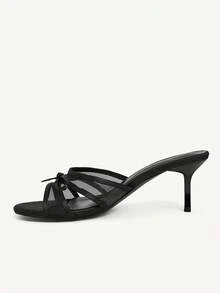 CUCCOO CHICEST 女士白色PU皮+红白格子蝴蝶结樱桃装饰可爱时尚穆勒鞋，舒适圆头高跟凉鞋 - 黑色色丁 - 查看 5