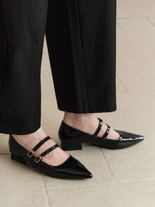 女士尖头玛丽珍平底鞋，粗跟带扣，表面光滑，时尚黑色皮鞋，适合春秋季，芭蕾 - 黑色 - 查看 5