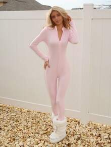 Sydney Algeri Women's Streetwear Solid Color Long Sleeve Half Zip Jumpsuit, Autumn - Pink - View 1