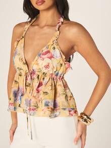 MISSGUIDED Áo kiểu nữ cổ yếm họa tiết hoa với viền bèo nhún và dây buộc, hoàn hảo cho kỳ nghỉ hè ở bãi biển và những buổi đi chơi thường ngày. - Nhiều màu - Xem 1