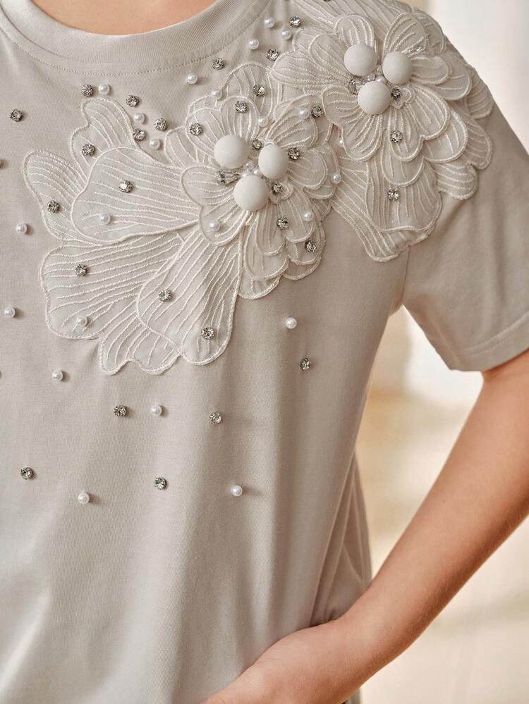 Girls' Khaki T-Shirt With Random Beaded & Rhinestone Decor, Summer