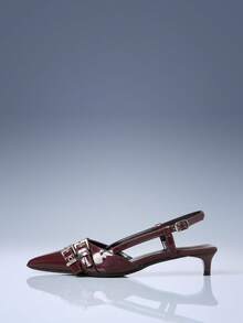 CUCCOO GRLICON Vintage Wine Red Patent Leather Pointed Toe Shoes With Multiple Buckle Decor And Kitten Heels, Motorcycle Style Suitable For Casual, Vacation, Travel In Spring/Summer, 2000s Fashion - Brown - View 2