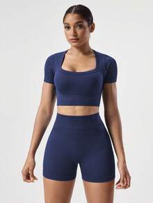 SHEIN Sovereign Charm 2 piezas Conjunto + Ajuste regular + Tela que absorbe la humedad/Acanalado + Cuello cuadrado/Básico/Azul marino + Conjunto de ropa deportiva + Sin costuras/Ropa de yoga y fitness Pantalones cortos de ciclismo sin costuras Ropa deportiva para mujer Conjuntos de ropa de entrenamiento para mujer Ropa de entrenamiento para mujer Conjuntos - Azul Marino - Ver 6