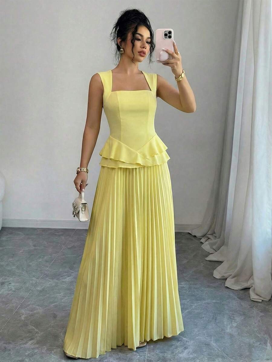 Elenzga 女士无袖弹力腰A字优雅浪漫连衣裙 - 淡黃色 - 查看 1