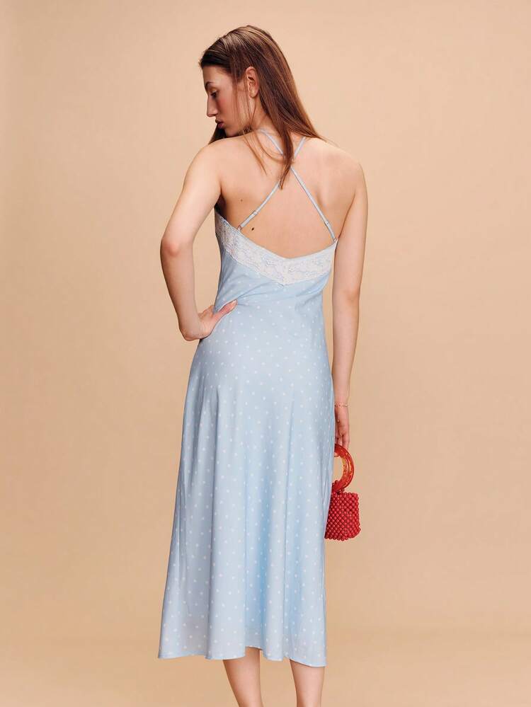 Sky Blue Polka Dot Halter Neck Maxi Dress With Lace Trim Spring Summer Vacation Dress Holiday Dress Polkadot Evening Dress Elegant French Style Parisian Style