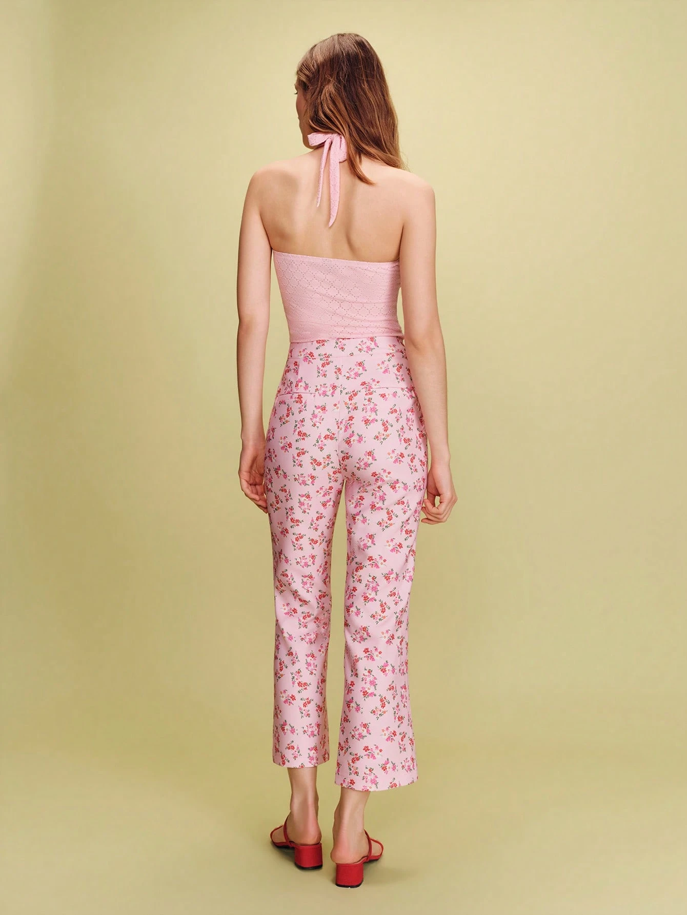 Pantalones de talle alto ajustados con estampado floral rosa de longitud hasta el tobillo, estilo lindo de primavera y verano, estilo francés parisino