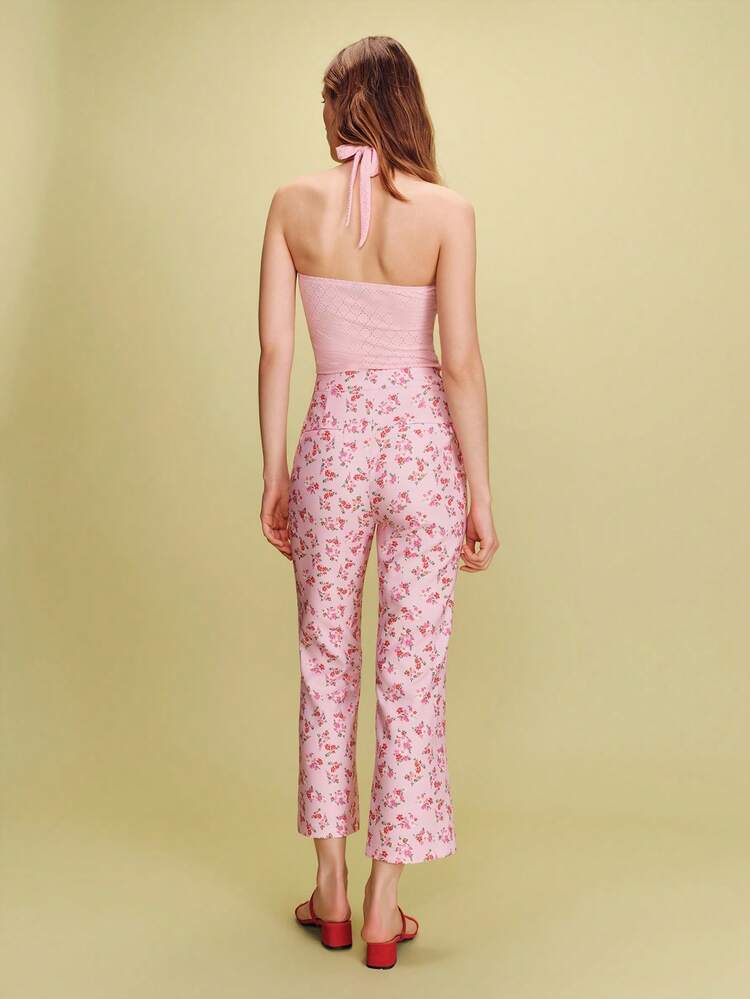 High-Waisted Fitted Pink Floral Ankle-Length Pants Cute Style Spring Summer French Style Parisian Style Going Out