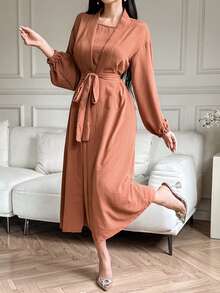 DAZY Damen eleganter einfarbiger ärmelloser Bademantel mit Gürtel, 2-teiliges Set, Frühlings-/Sommer-Loungewear für Frauen - Braun - Übersicht 4