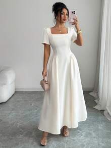 Elenzga Đầm dài nữ màu trơn cổ vuông, thắt eo, tay cánh hoa, xếp ly, xòe nhẹ, màu mơ, thanh lịch kiểu Pháp cổ điển lãng mạn tối giản, phù hợp cho công sở, đi làm, kinh doanh, thường ngày, đi biển, hẹn hò, đám cưới, mùa xuân/hè. - Màu be - Xem 3