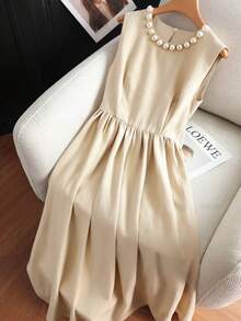 GlowEve Elegant Urban Chic New Apricot Round Neck Sleeveless Waist Cinched A-Line Midi Dress, Suitable For Daily Wear, Weddings, Galas, Commute, Graduation Parties, Holidays, Vacations, Dates, Parties, Halloween, Christmas, New Year, Thanksgiving, Weddings - Apricot - View 1