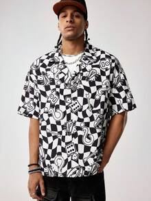 MONOPOLY X SHEIN Men's Checkerboard Short Sleeve Single-Breasted Casual Shirt, MONOPOLY - Black and White - View 7
