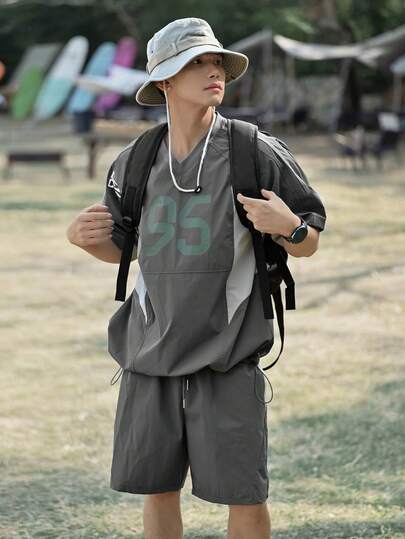 DAZY Men's Letter Print Short Sleeve T-Shirt And Shorts Set With Contrast Color Patchwork, Summer