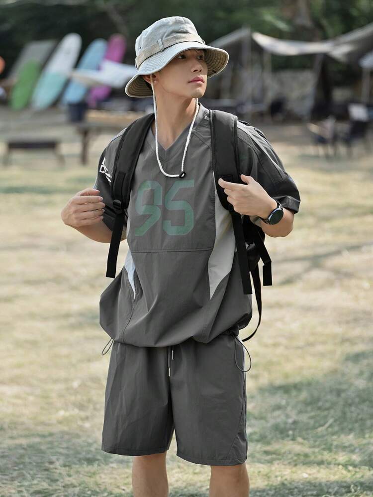 Men's Letter Print Short Sleeve T-Shirt And Shorts Set With Contrast Color Patchwork, Summer