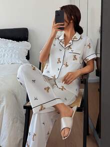 SHEIN Napfluff 可爱卡通熊印花蝴蝶结上衣和裤子女士睡衣套装，柔软睡衣套装，熊印花睡衣，可爱睡衣，春夏服装，可爱泰迪熊睡衣套装，卡哇伊睡衣，可爱睡衣套装 - 棕色 - 查看 4