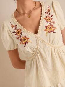 Easelle Floral Embroidery Puff Sleeve Casual Vacation Shirt Beige Shirt Embroidered Top Puff Sleeve - Apricot - View 1