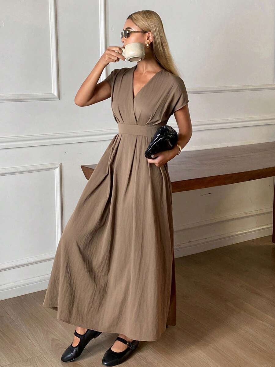 Livesso Đầm ngắn tay cổ chữ V, dáng lửng, thích hợp mặc đi làm mùa hè cho nữ. - Cà phê nâu - Xem 1