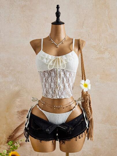 Swim Mod 26SS Wiosna/Lato Wakacje Plażowy Beżowy Elegancki Koronkowy Wykończenie Uroczy Słodki Koszulka i Bikini Dwuczęściowy Strój Kąpielowy
