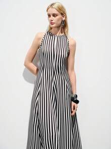 Aveloria Modichic Elegent Summer Black And White Checkered Blue Striped Sleeveless High Neck Fitted Waist A-Line Dress,Smooth Stretchy Fabric,Brunch Business Gala Party - Black and White - View 6