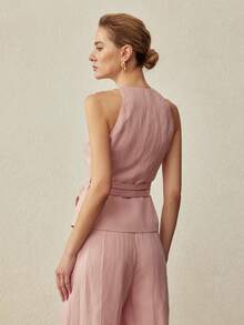 MOTF PREMIUM 亚麻双腰带马甲，春夏款 - 粉色 - 查看 4