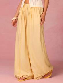 Athîral 女士休闲蕾丝边黄色裤子 - 黃色 - 查看 3