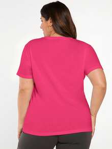 EMERY ROSE Plus Size Women's Solid Color Round Neck Short Sleeve Casual Versatile T-Shirt - Hot Pink - View 2