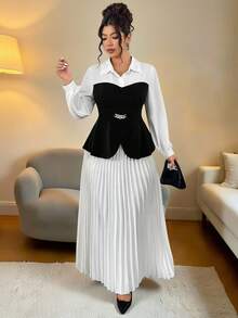 Elenzga Bộ đồ hai mảnh vải dệt kim màu tương phản cỡ lớn, cổ áo dài tay, thắt eo, viền chữ A, dáng chữ A, áo nữ + chân váy dài xếp ly, thanh lịch cho các buổi đi chơi, hẹn hò, tụ tập, đi làm, thường ngày - Đen và trắng - Xem 5