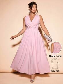 Cravure Vestido elegante y de moda con cuello en V, cintura recogida y corte evasé, con aplicaciones de encaje, sin mangas, adecuado para primavera y verano, tallas grandes - Rosa - Ver 1